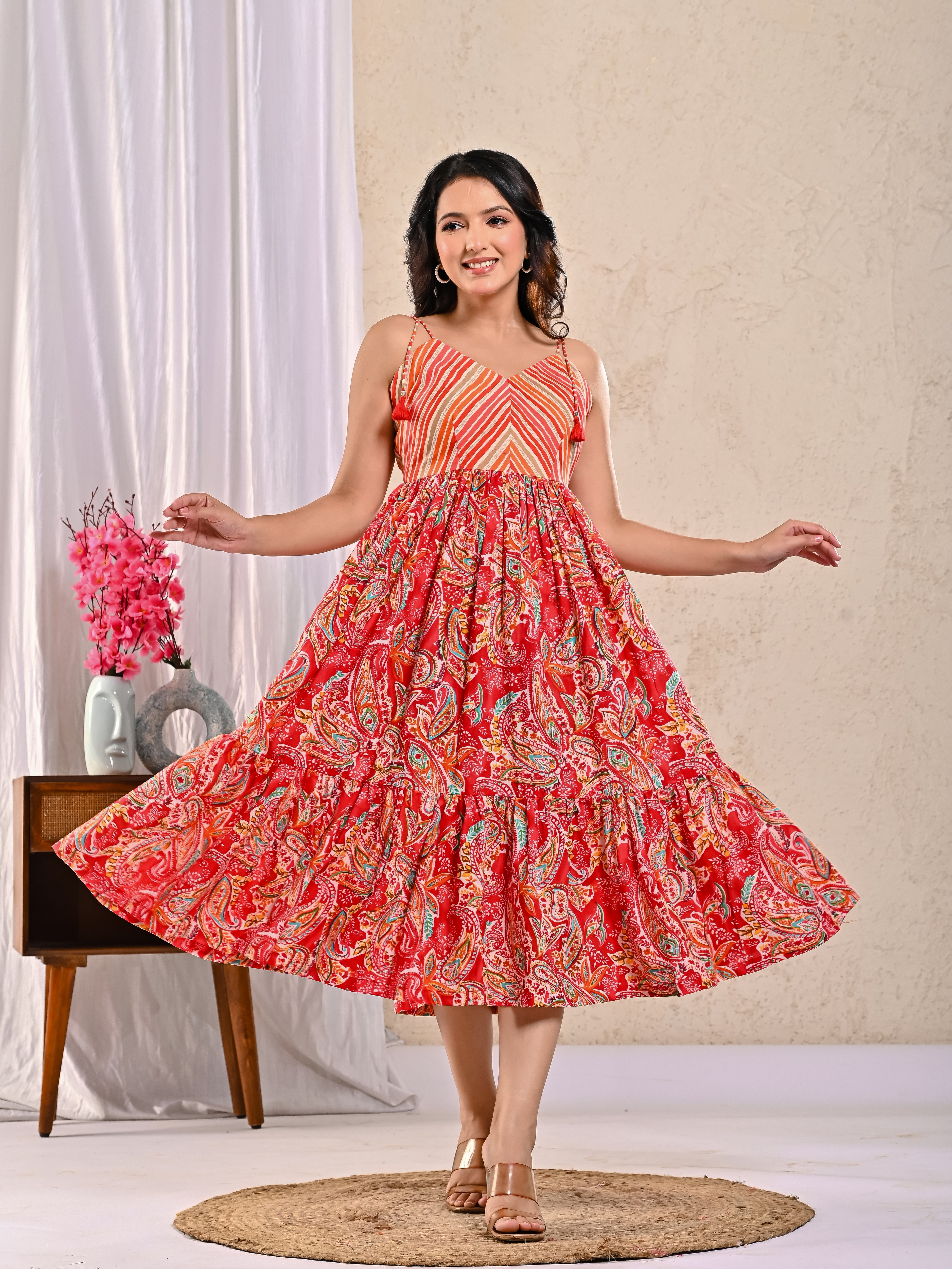 Pink Multicolor Lehariya Noodle Strap Dress