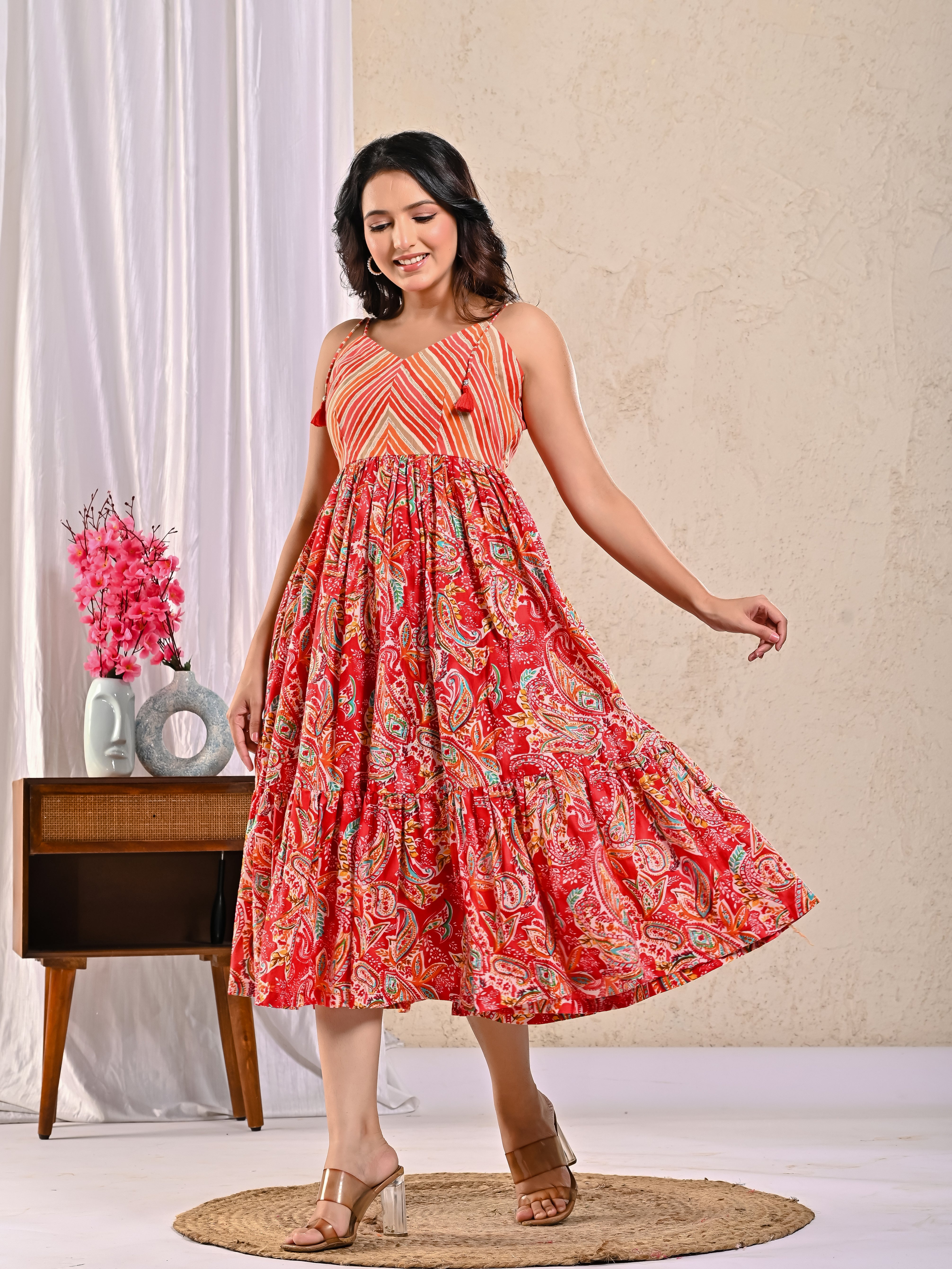 Pink Multicolor Lehariya Noodle Strap Dress