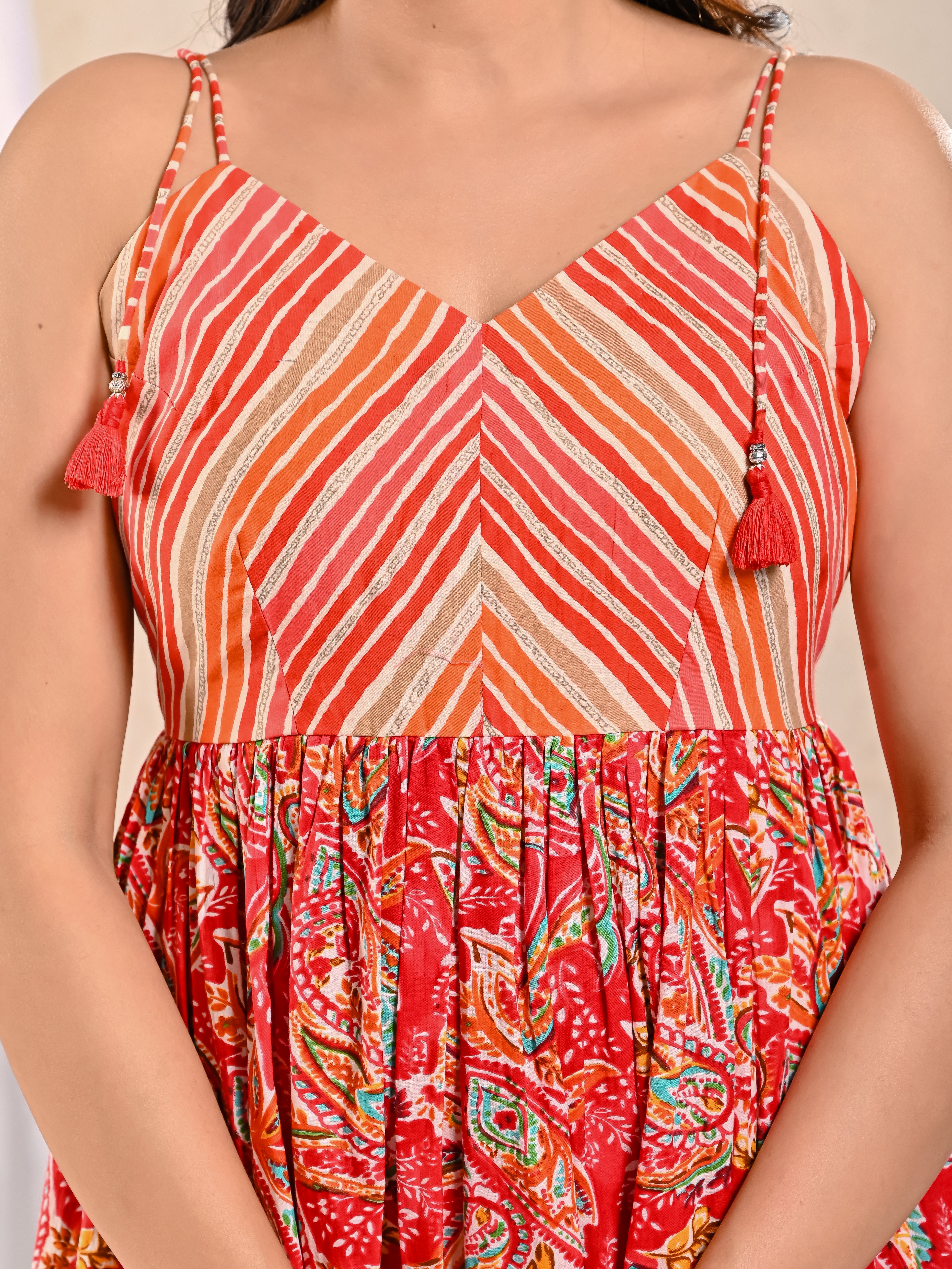 Pink Multicolor Lehariya Noodle Strap Dress