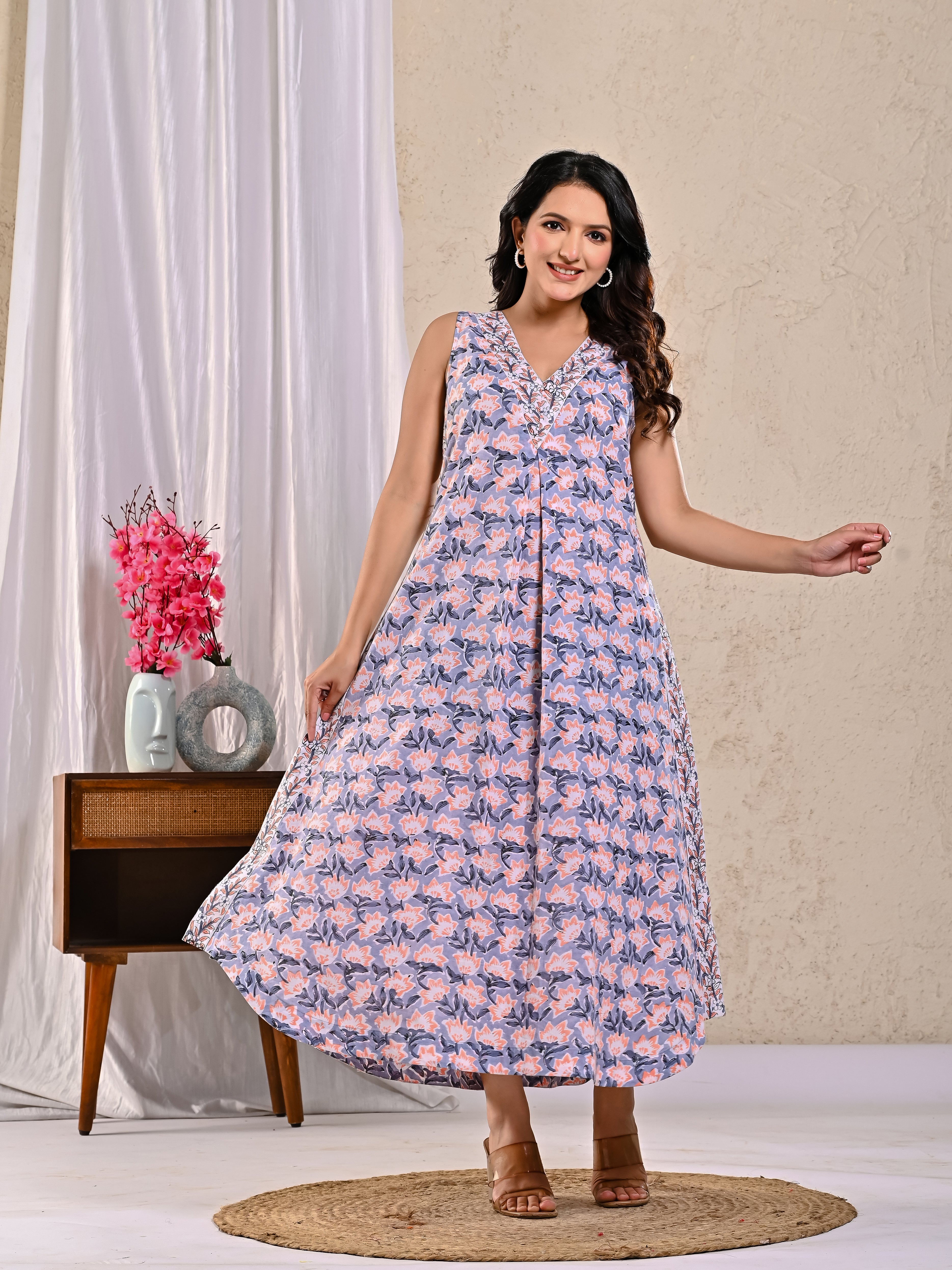 V Neck Block Print Ethnic