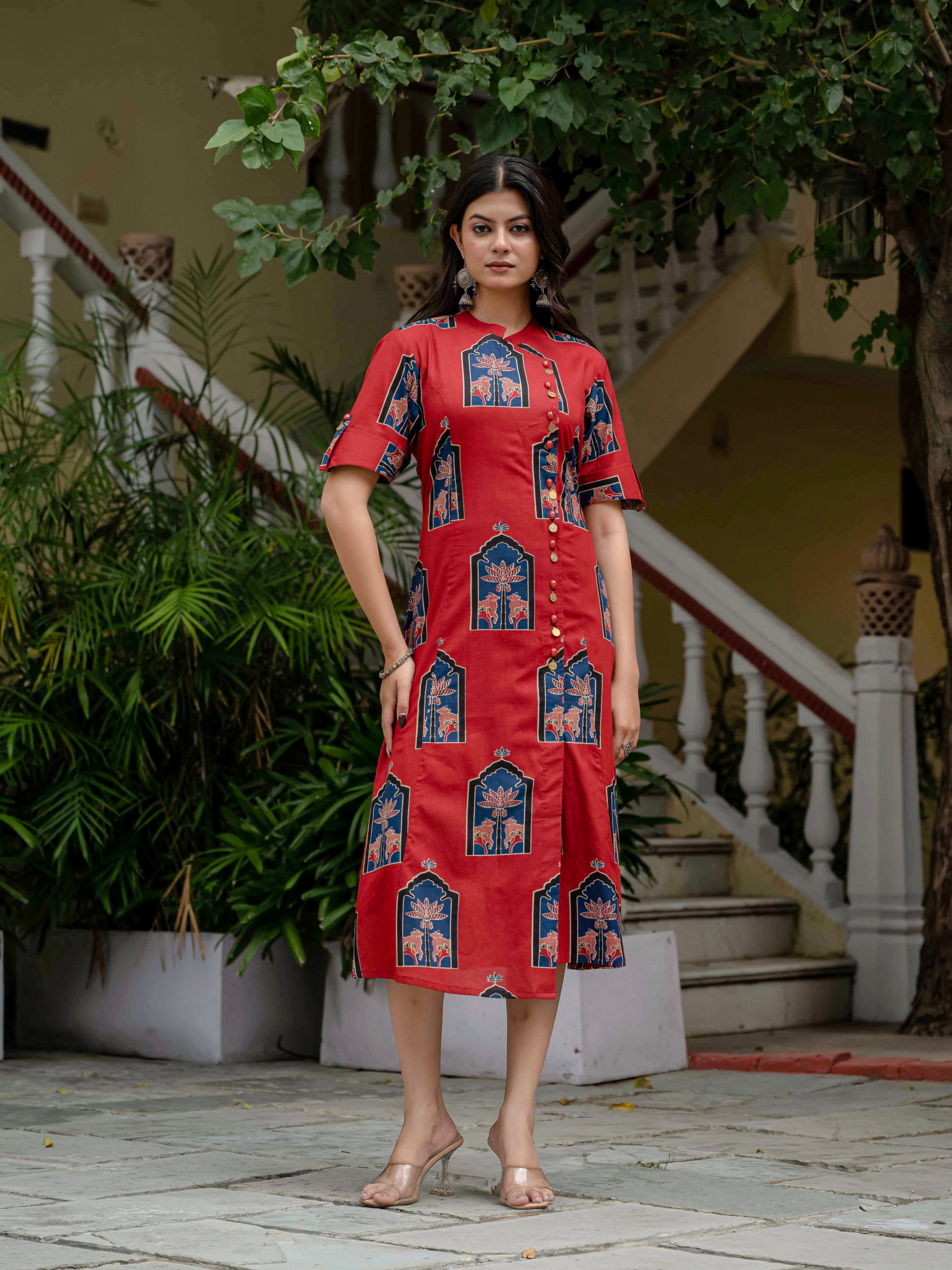 Oriental Neck Printed Dress