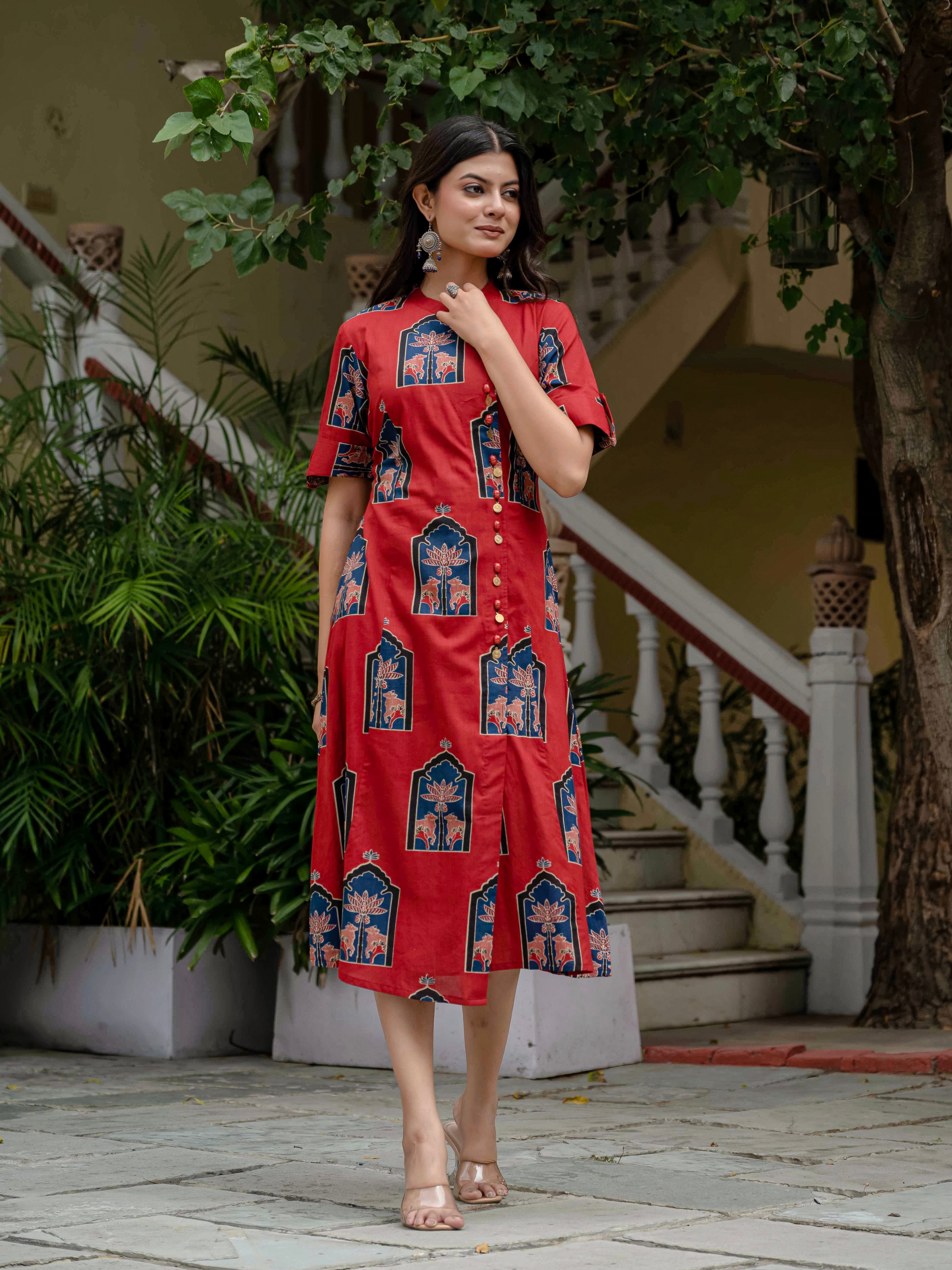 Oriental Neck Printed Dress