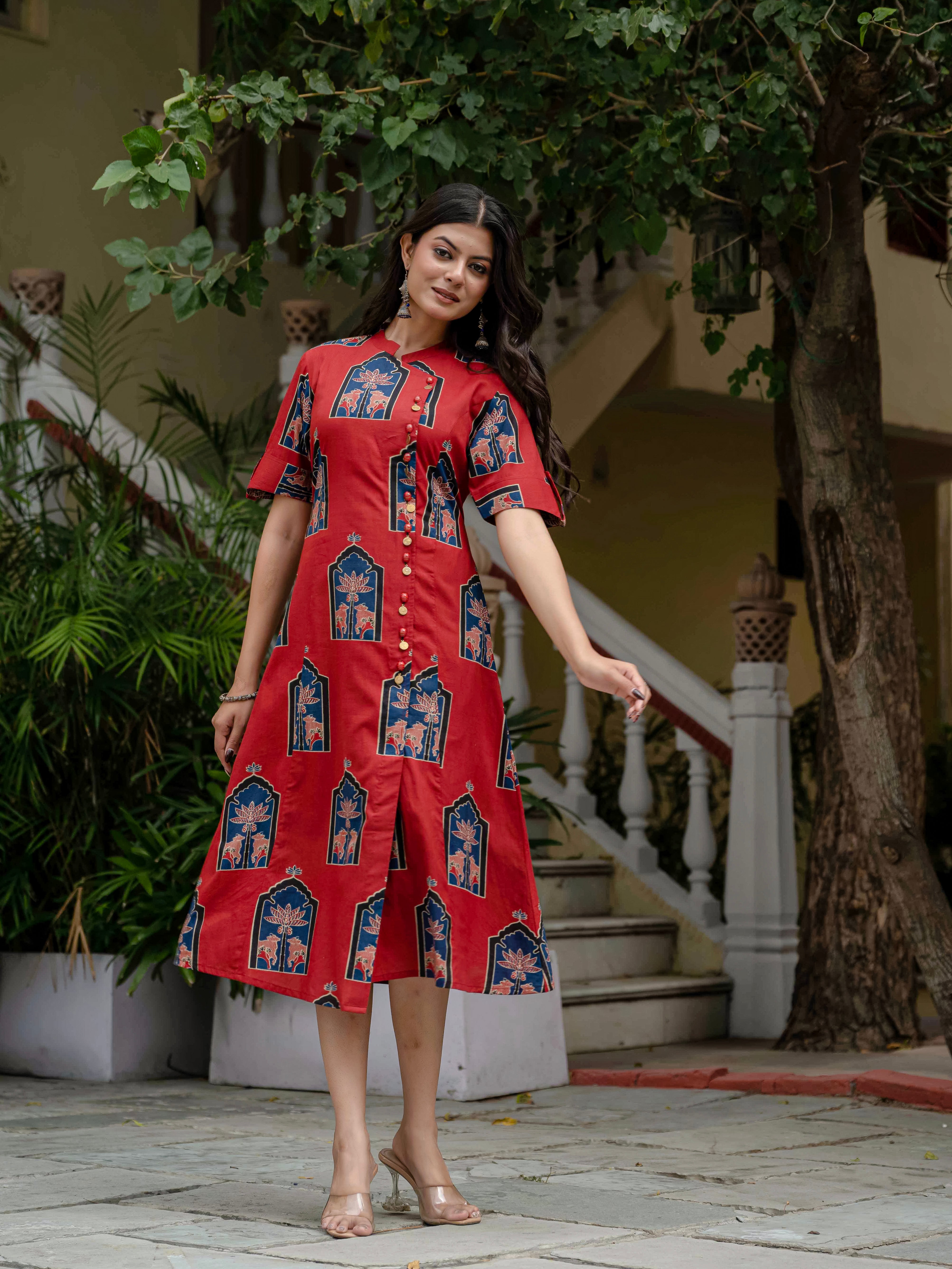 Oriental Neck Printed Dress