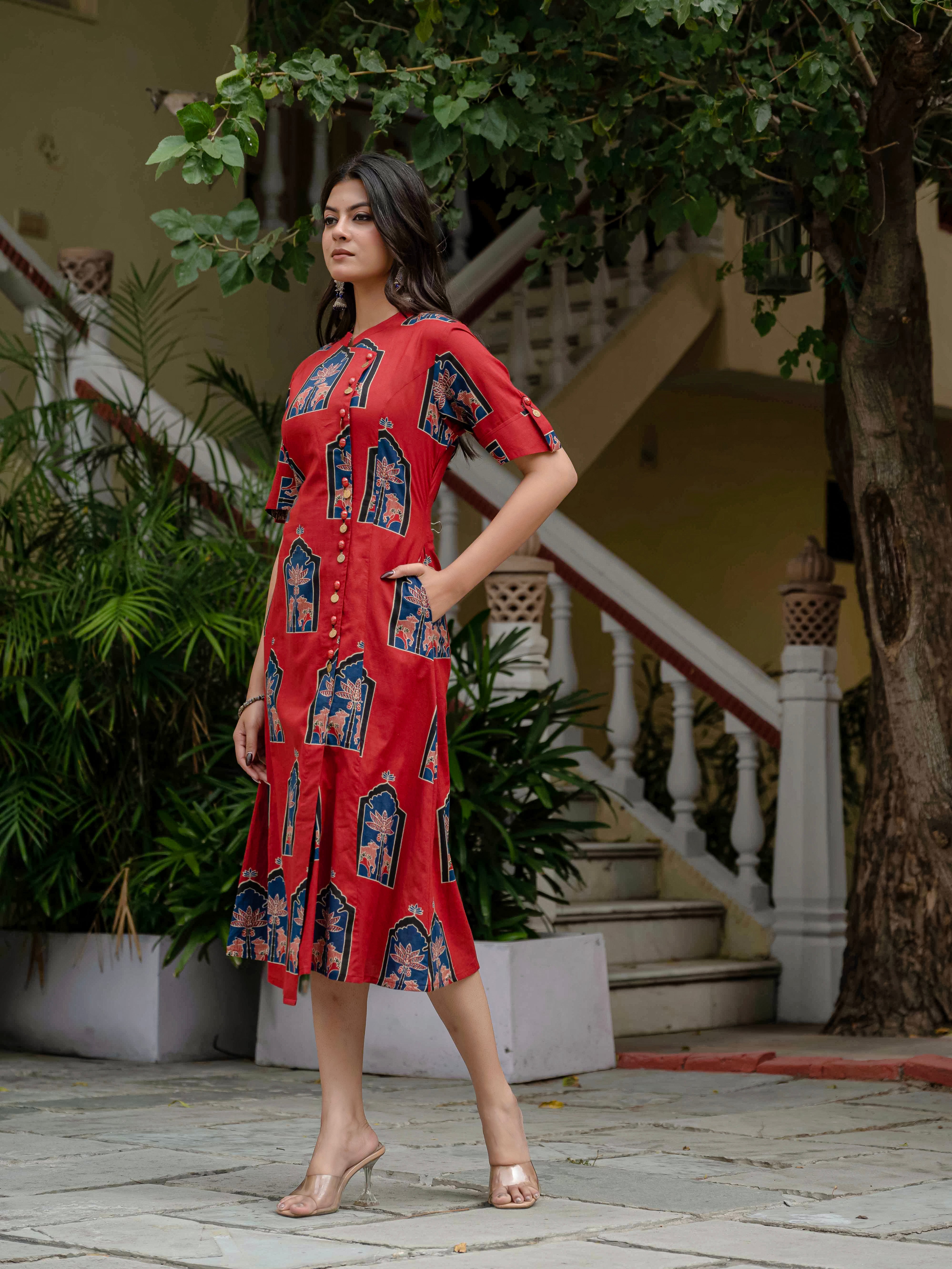 Oriental Neck Printed Dress