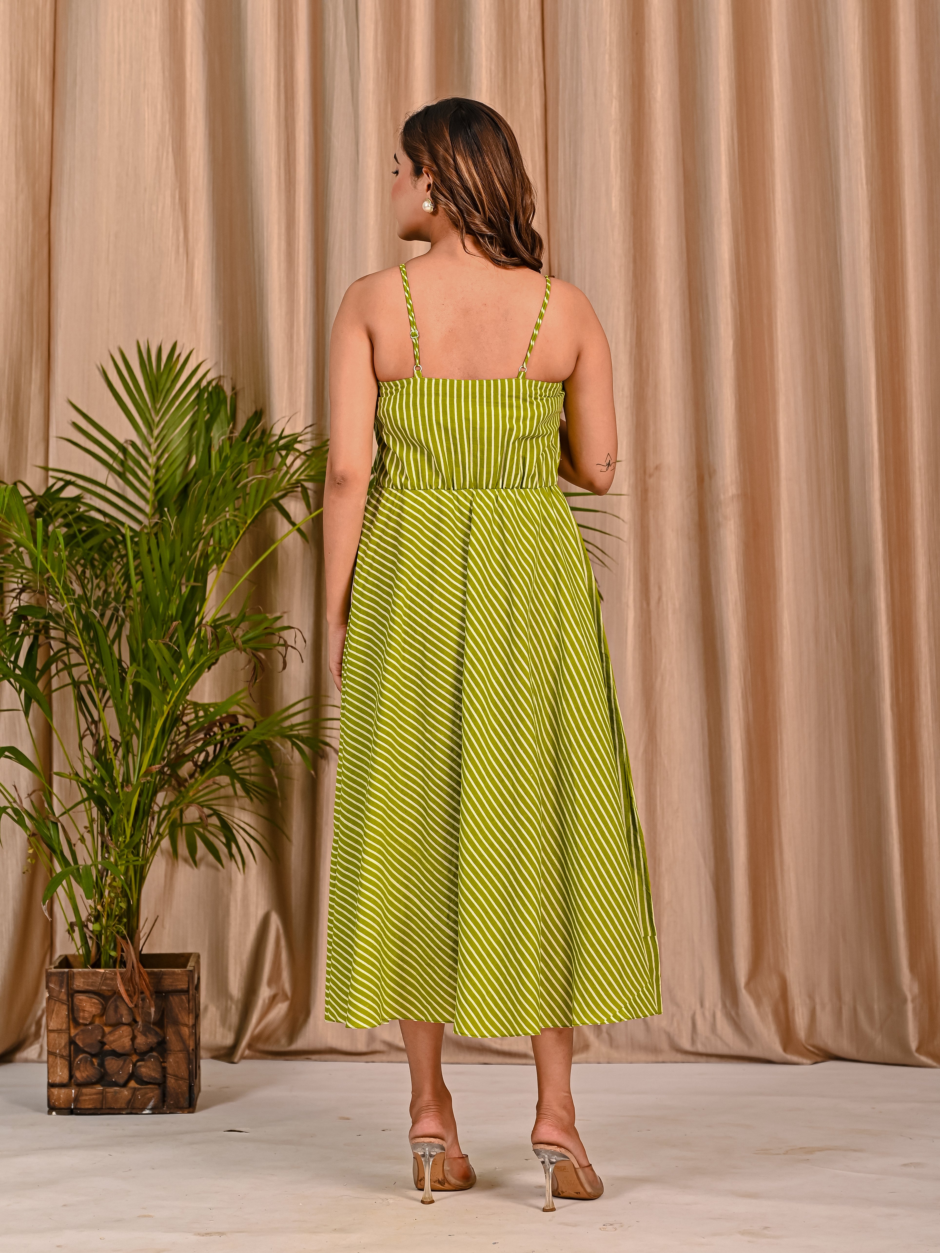 Pista Green Striped Cotton Dress