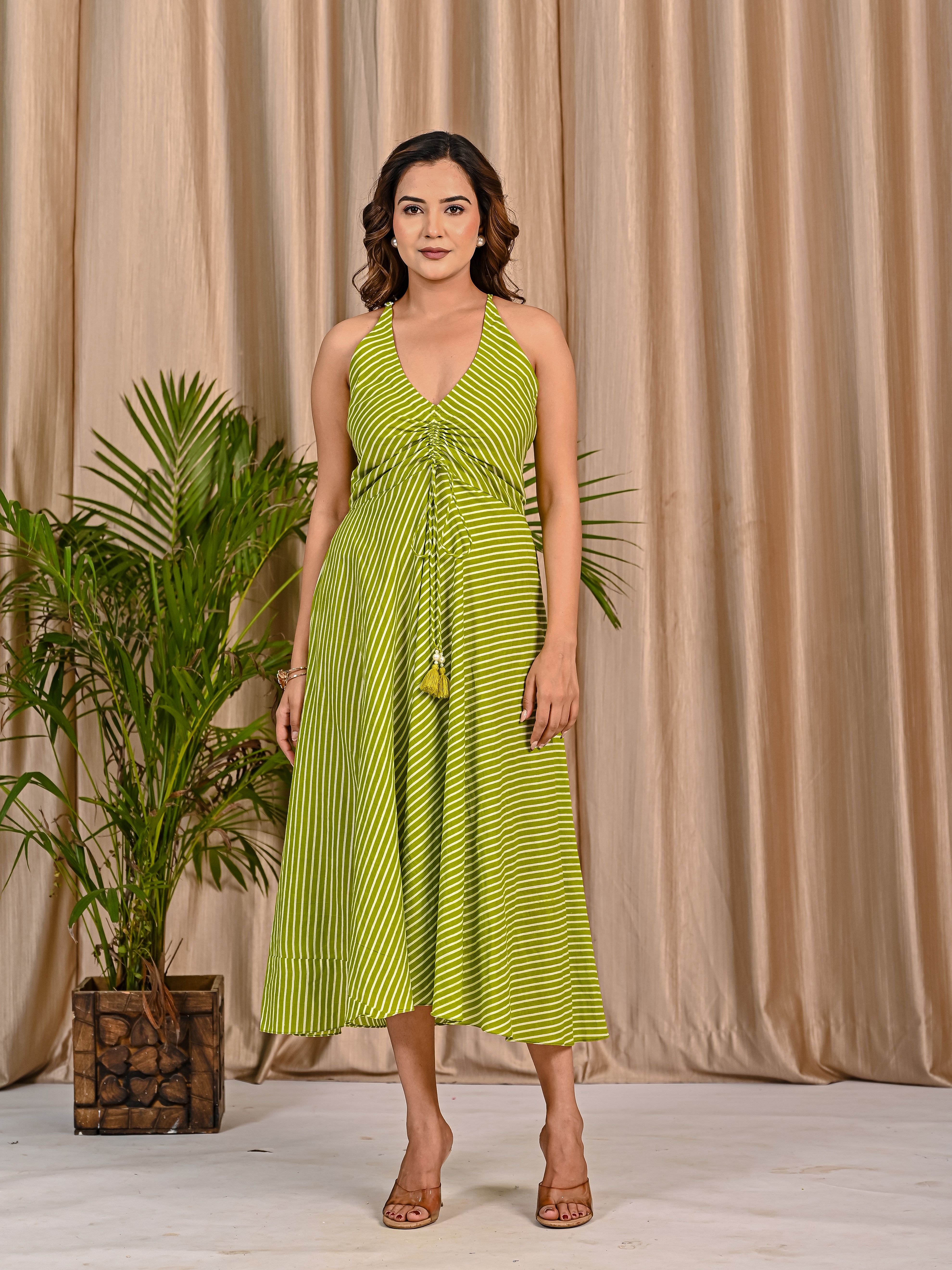 Pista Green Striped Cotton Dress