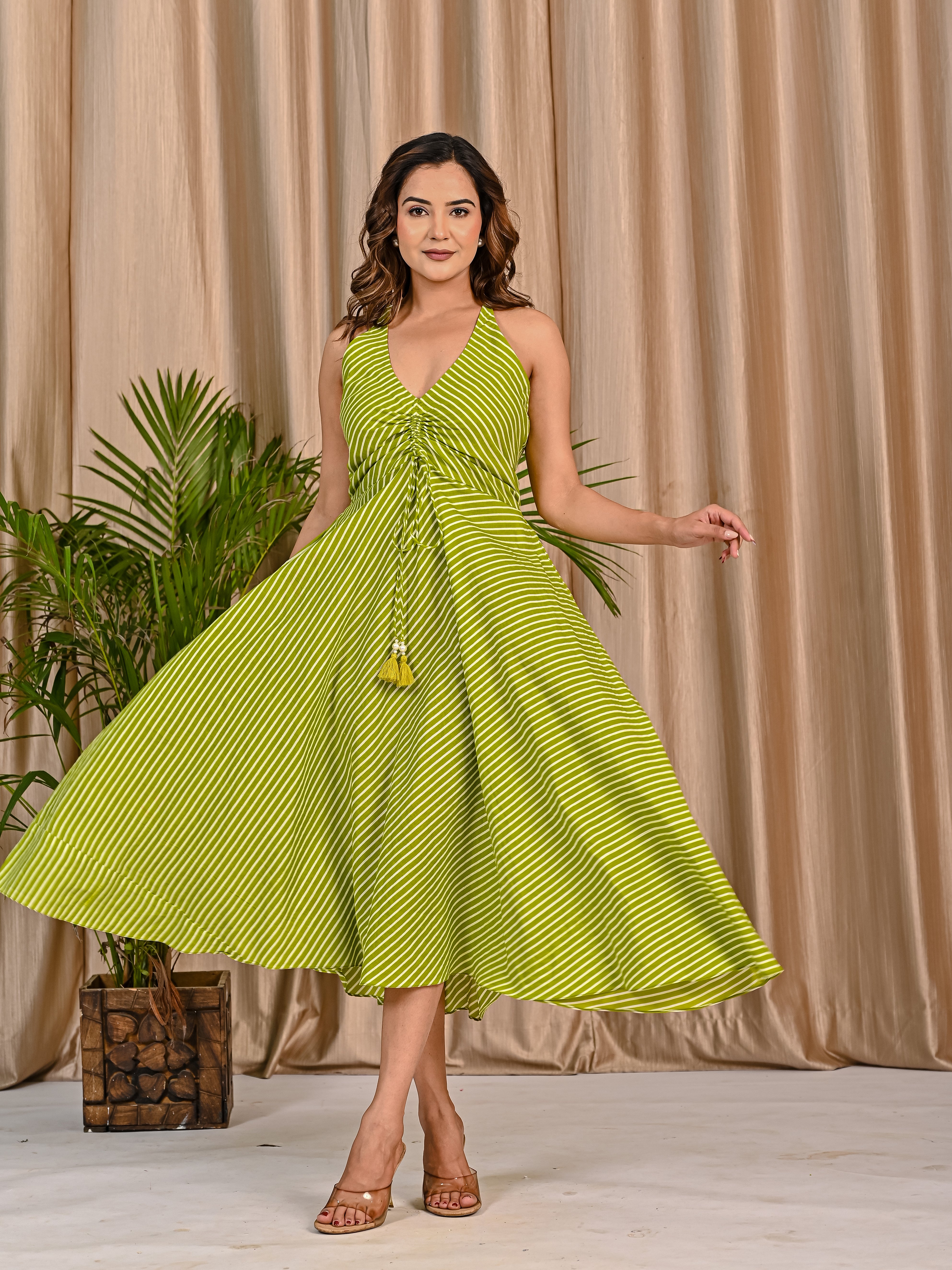 Pista Green Striped Cotton Dress