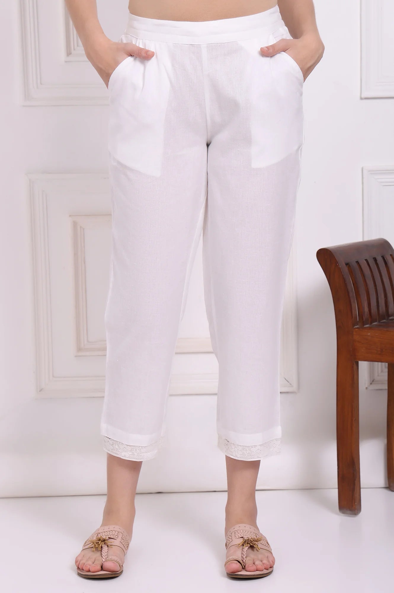 Solid White Flax Cotton Pants with Lace Work