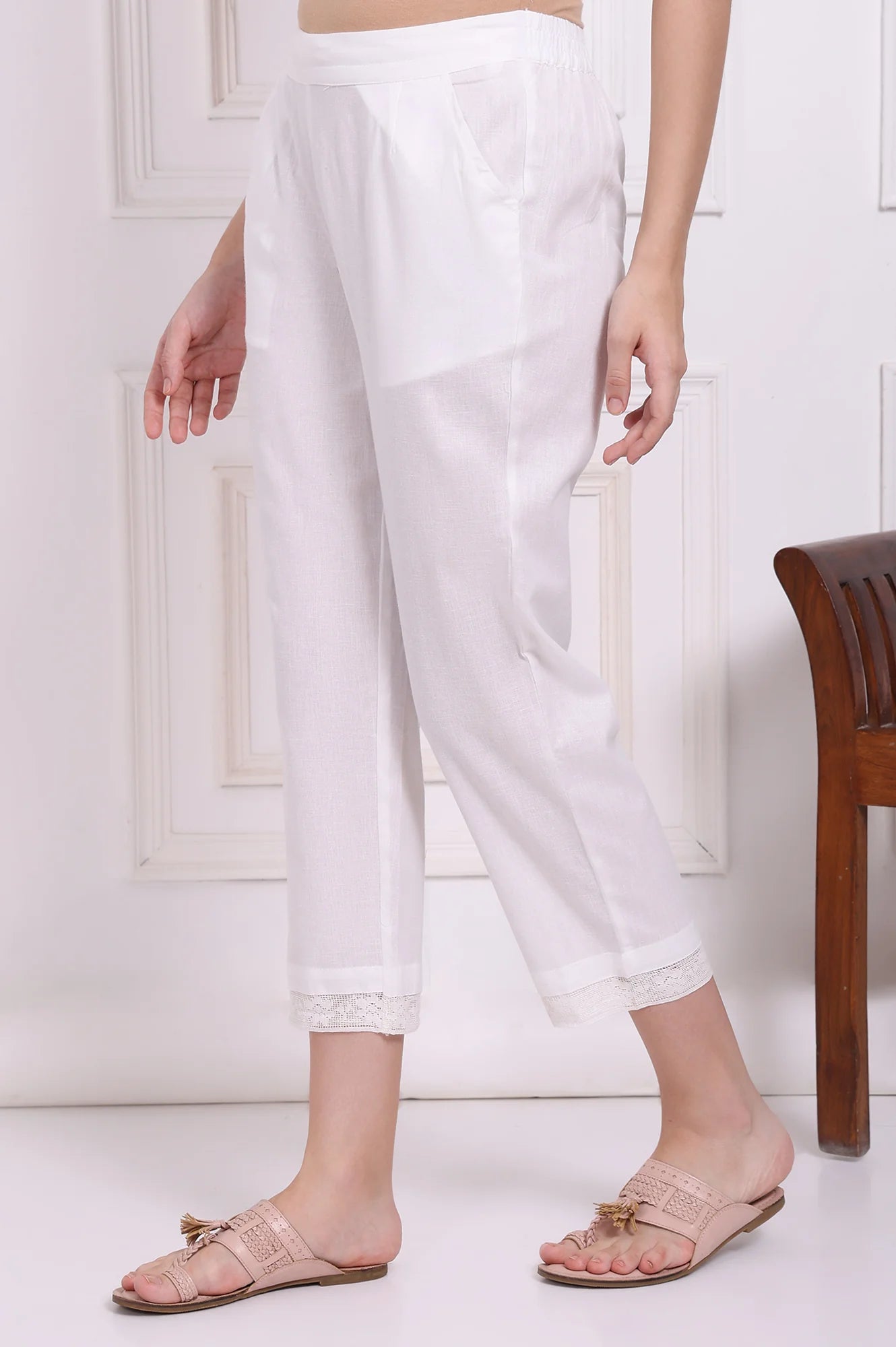 Solid White Flax Cotton Pants with Lace Work