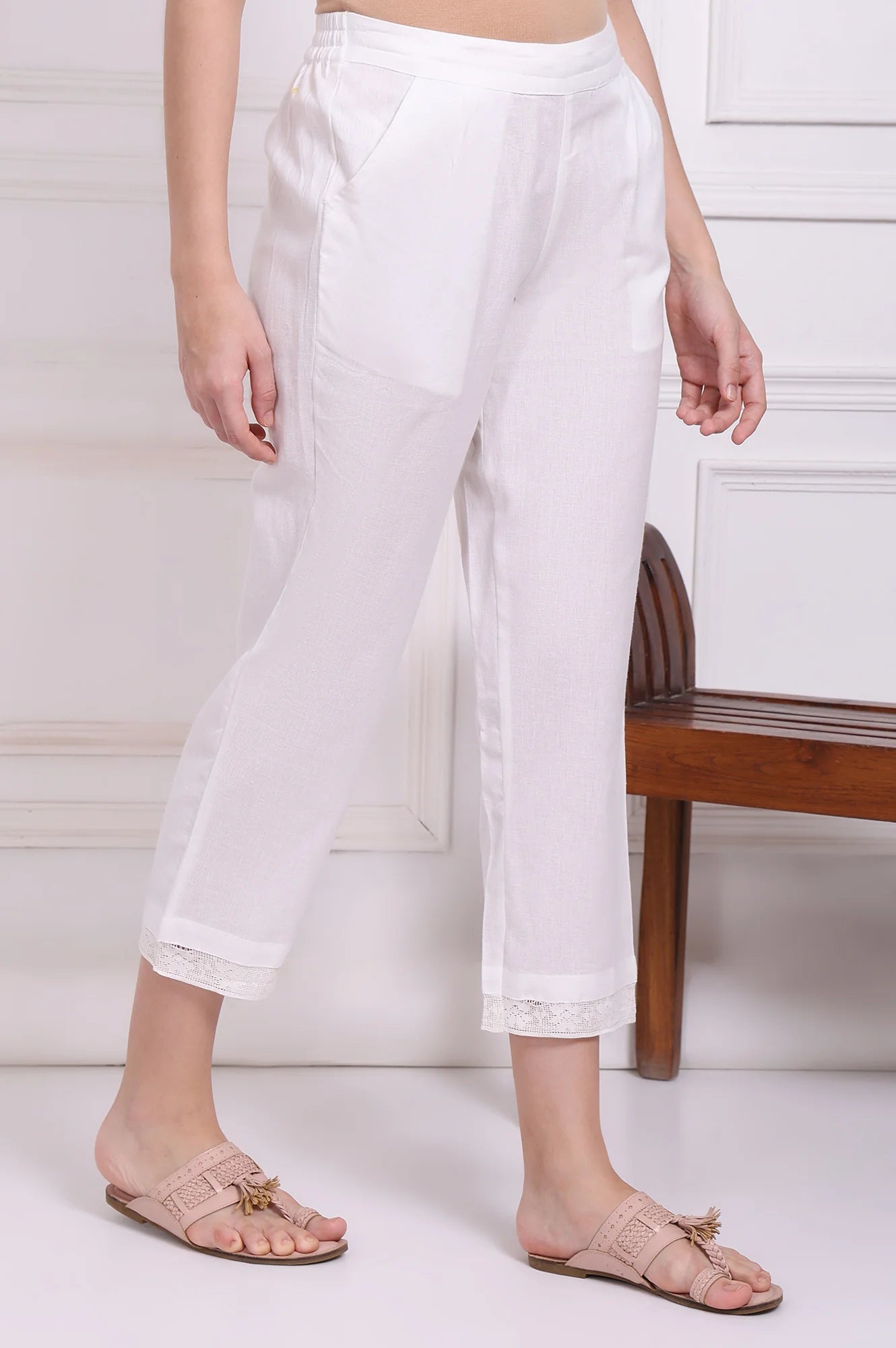 Solid White Flax Cotton Pants with Lace Work