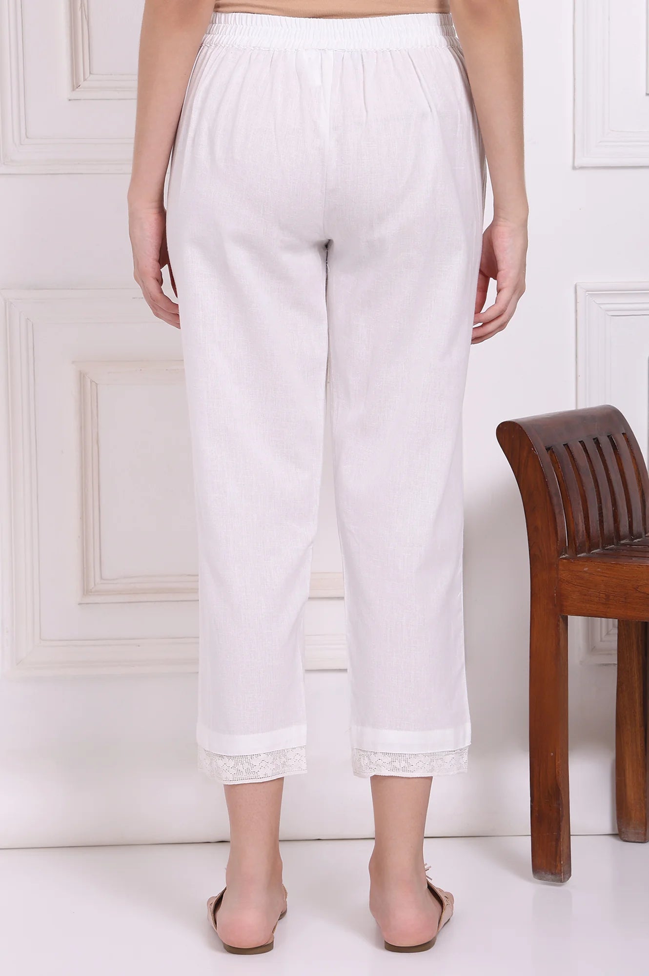 Solid White Flax Cotton Pants with Lace Work