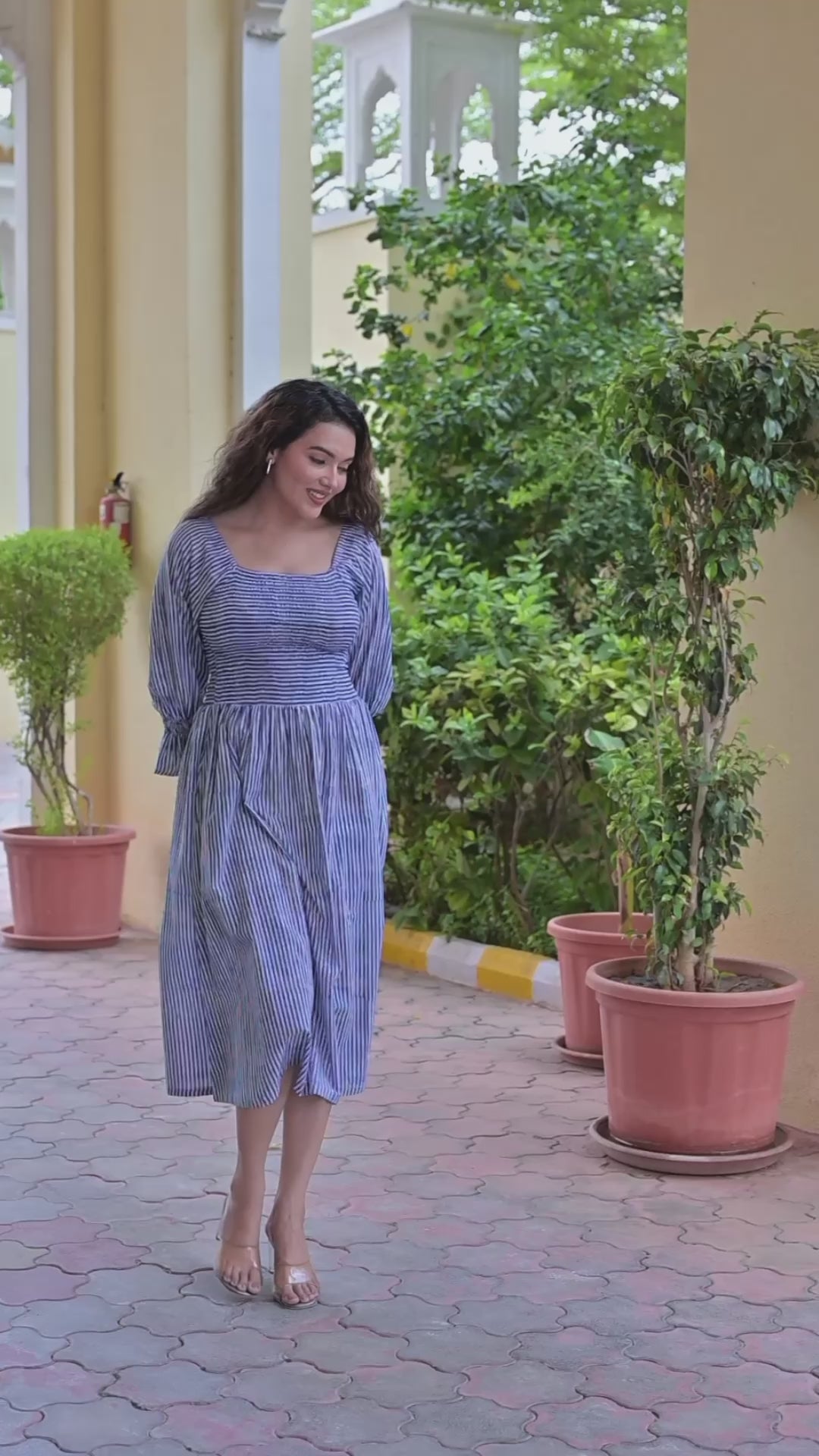 Breezy Stripes: Sky Blue Shirred Midi Dress