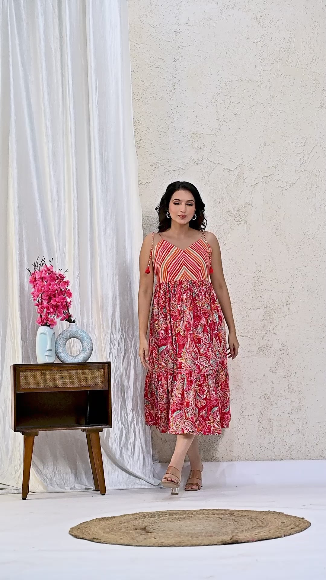 Pink Multicolor Lehariya Noodle Strap Dress