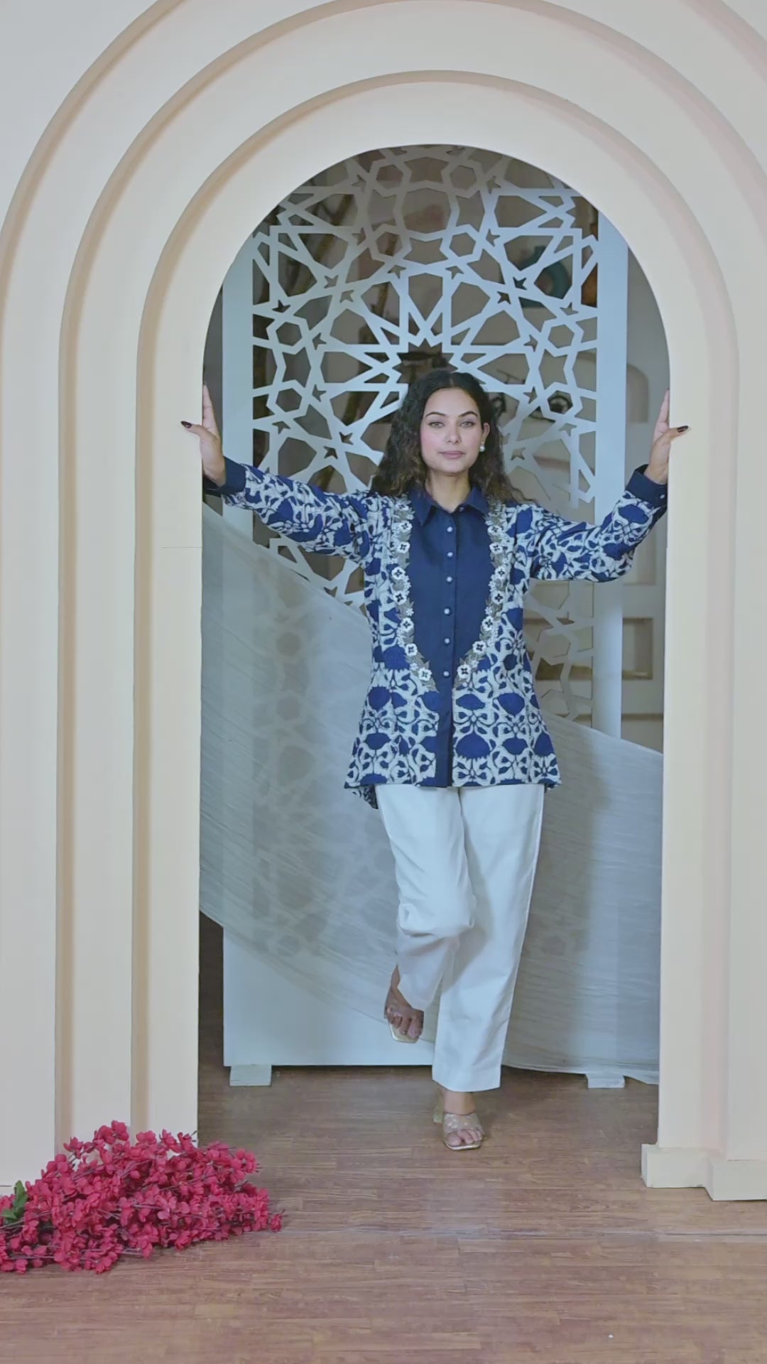 Indigo Blossom: Hand-Block Printed Cotton Shirt with Organza Floral Embroidery