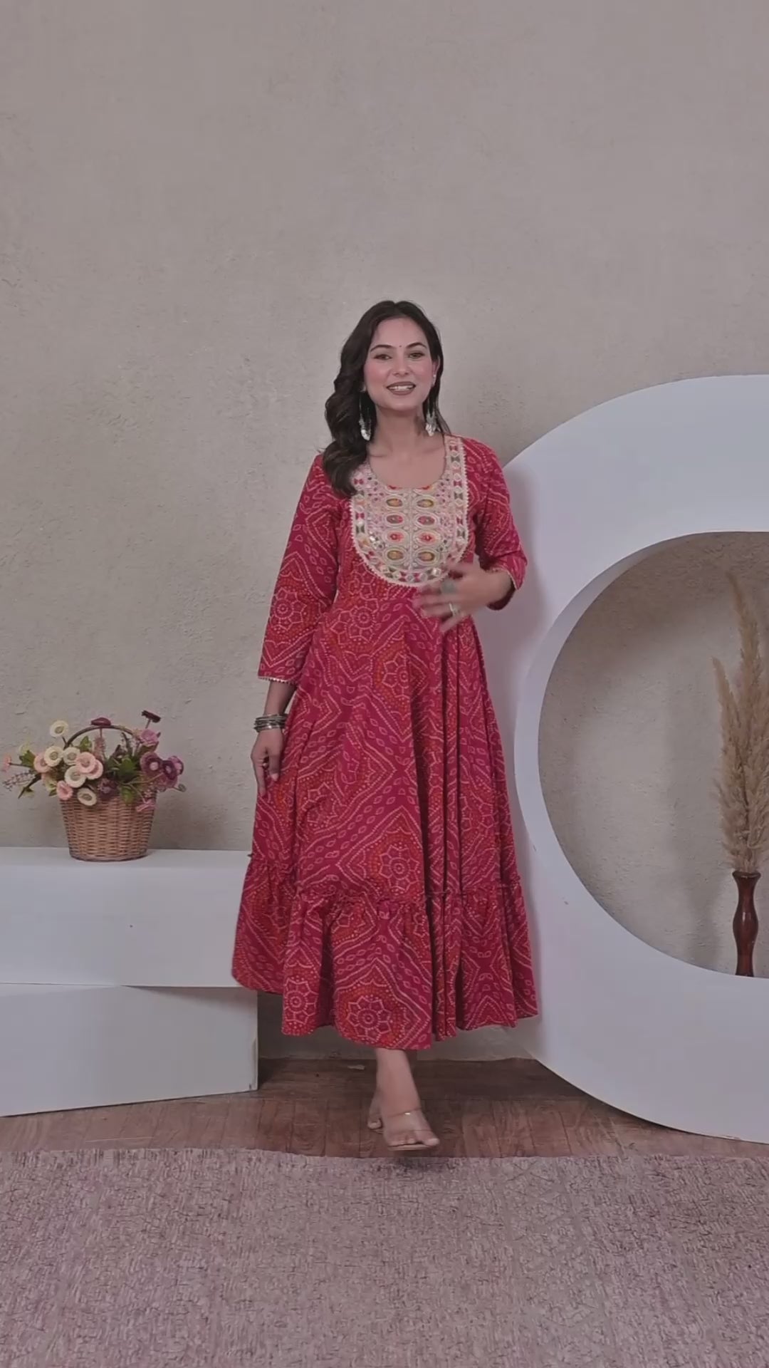 The Noor Collection : Crimson Red Bandhej Festive Gown with Intricate Handwork Neck